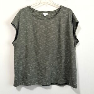 J Jill Elliptical Tee Knit Shirt XL Cap Sleeve Olive Green Stripe Pullover Comfy